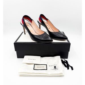 Gucci Sylvie Pumps Web Stripe Black Leather Slingback Heels Size 40, 10